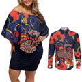 Adelaide Crows ANZAC Day Tribute Couples Matching Off Shoulder Short Dress and Long Sleeve Button Shirt Indigenous Dot Art Poppy Remembrance Football Warrior