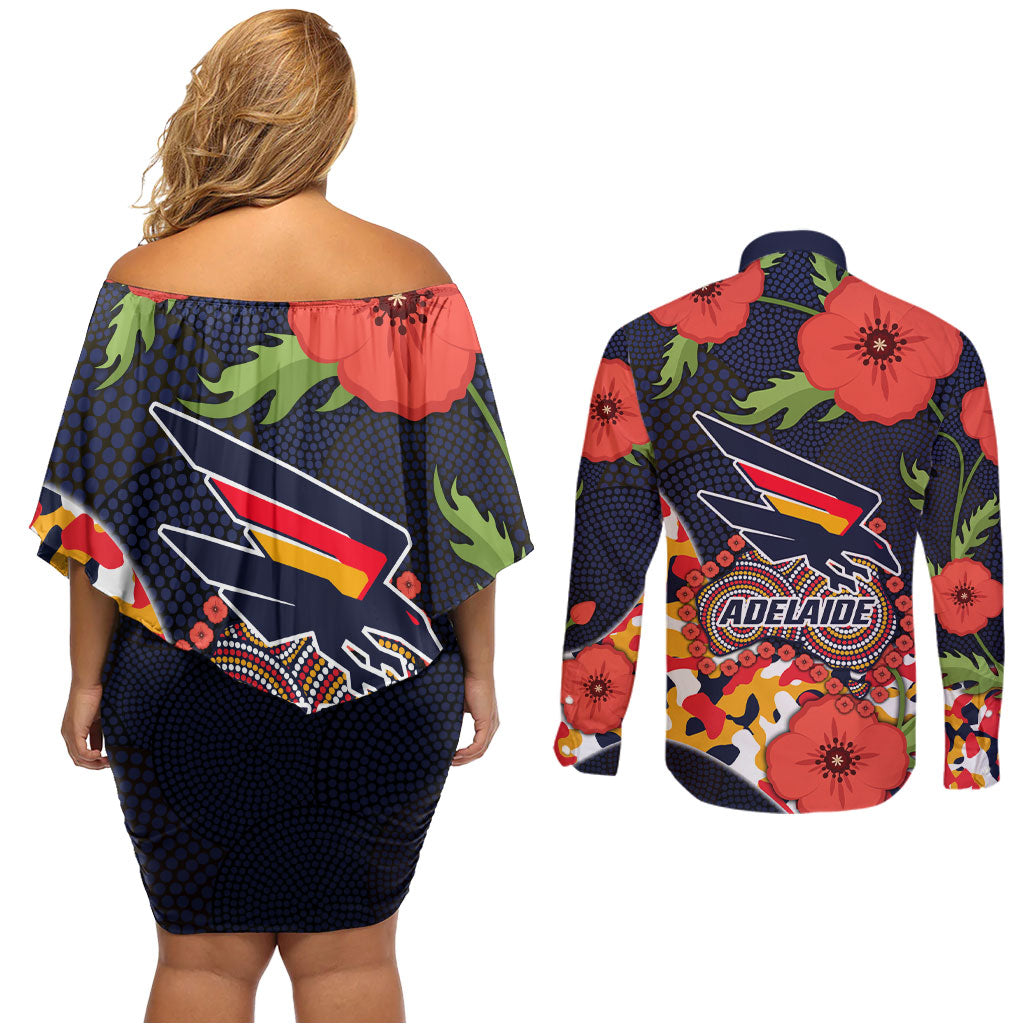 Adelaide Crows ANZAC Day Tribute Couples Matching Off Shoulder Short Dress and Long Sleeve Button Shirt Indigenous Dot Art Poppy Remembrance Football Warrior