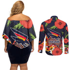 Adelaide Crows ANZAC Day Tribute Couples Matching Off Shoulder Short Dress and Long Sleeve Button Shirt Indigenous Dot Art Poppy Remembrance Football Warrior