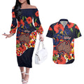 Adelaide Crows ANZAC Day Tribute Couples Matching Off The Shoulder Long Sleeve Dress and Hawaiian Shirt Indigenous Dot Art Poppy Remembrance Football Warrior