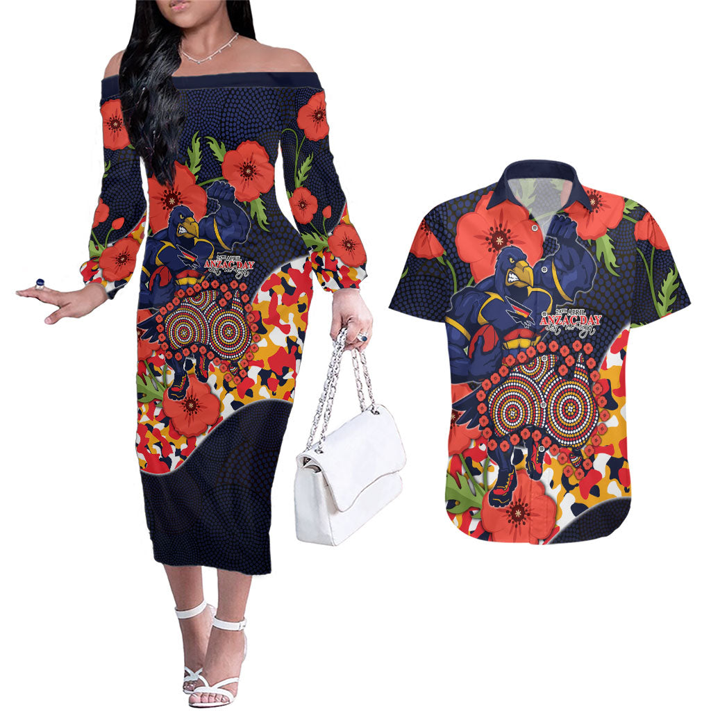 Adelaide Crows ANZAC Day Tribute Couples Matching Off The Shoulder Long Sleeve Dress and Hawaiian Shirt Indigenous Dot Art Poppy Remembrance Football Warrior