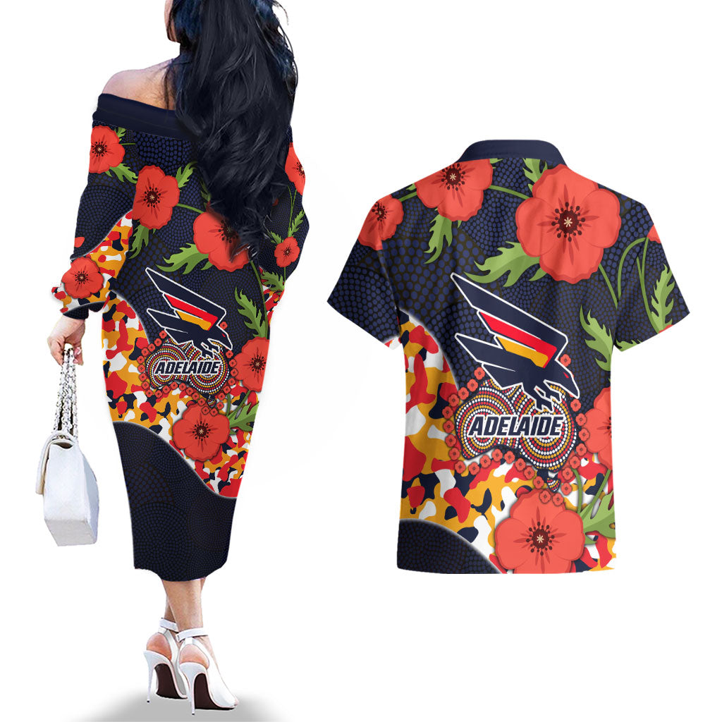 Adelaide Crows ANZAC Day Tribute Couples Matching Off The Shoulder Long Sleeve Dress and Hawaiian Shirt Indigenous Dot Art Poppy Remembrance Football Warrior