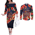Adelaide Crows ANZAC Day Tribute Couples Matching Off The Shoulder Long Sleeve Dress and Long Sleeve Button Shirt Indigenous Dot Art Poppy Remembrance Football Warrior