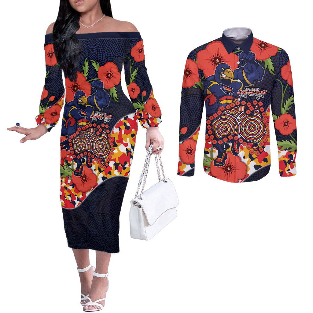 Adelaide Crows ANZAC Day Tribute Couples Matching Off The Shoulder Long Sleeve Dress and Long Sleeve Button Shirt Indigenous Dot Art Poppy Remembrance Football Warrior