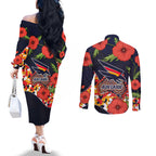 Adelaide Crows ANZAC Day Tribute Couples Matching Off The Shoulder Long Sleeve Dress and Long Sleeve Button Shirt Indigenous Dot Art Poppy Remembrance Football Warrior