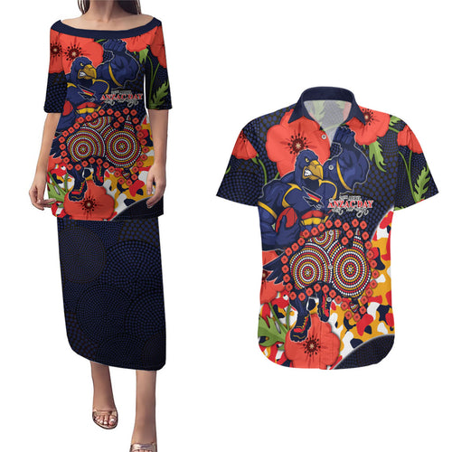 Adelaide Crows ANZAC Day Tribute Couples Matching Puletasi and Hawaiian Shirt Indigenous Dot Art Poppy Remembrance Football Warrior