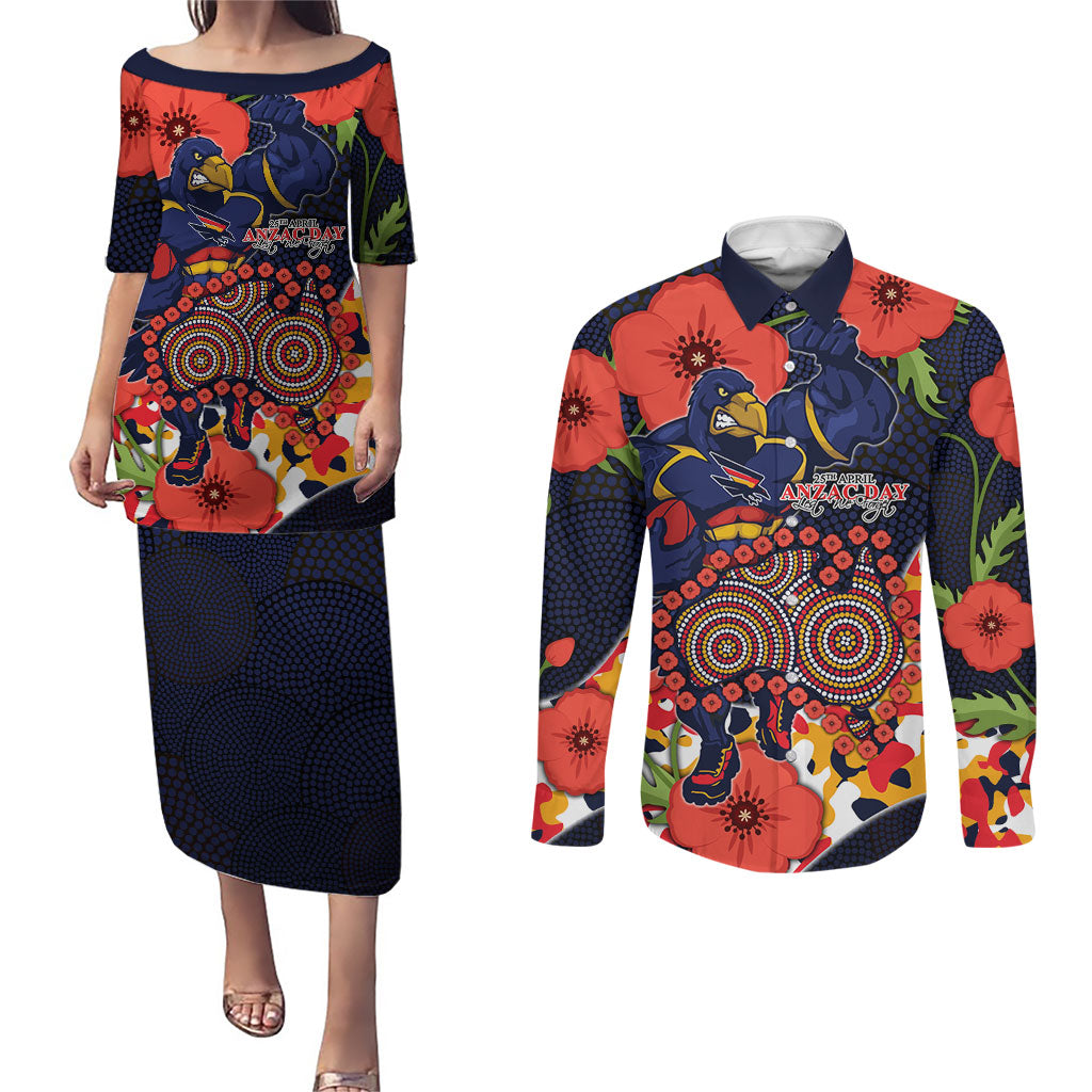 Adelaide Crows ANZAC Day Tribute Couples Matching Puletasi and Long Sleeve Button Shirt Indigenous Dot Art Poppy Remembrance Football Warrior