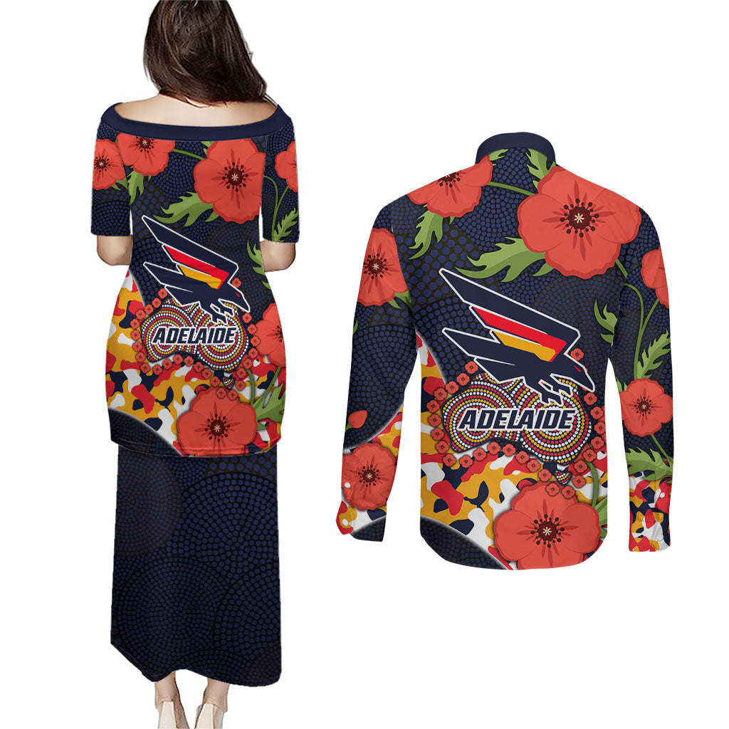 Adelaide Crows ANZAC Day Tribute Couples Matching Puletasi and Long Sleeve Button Shirt Indigenous Dot Art Poppy Remembrance Football Warrior