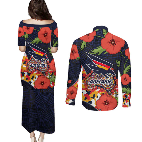 Adelaide Crows ANZAC Day Tribute Couples Matching Puletasi and Long Sleeve Button Shirt Indigenous Dot Art Poppy Remembrance Football Warrior