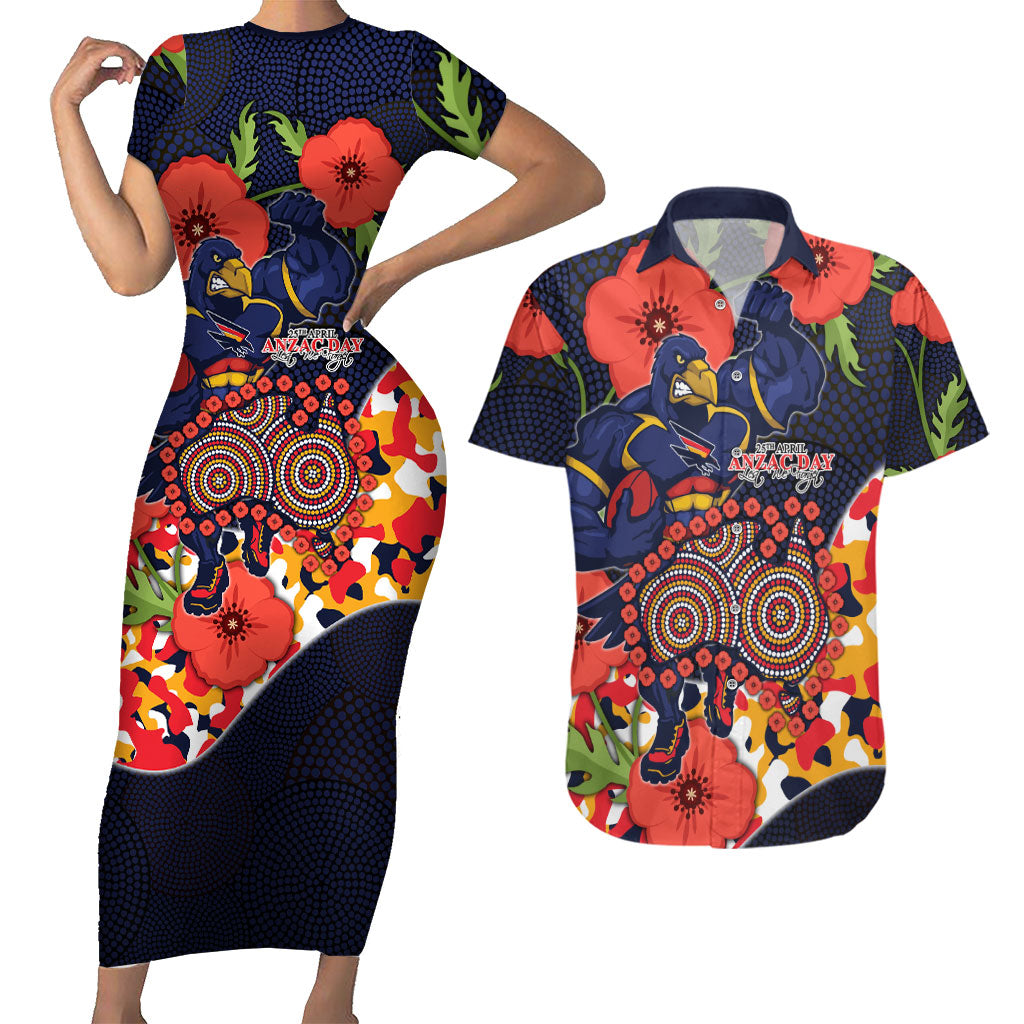 Adelaide Crows ANZAC Day Tribute Couples Matching Short Sleeve Bodycon Dress and Hawaiian Shirt Indigenous Dot Art Poppy Remembrance Football Warrior