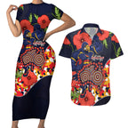 Adelaide Crows ANZAC Day Tribute Couples Matching Short Sleeve Bodycon Dress and Hawaiian Shirt Indigenous Dot Art Poppy Remembrance Football Warrior