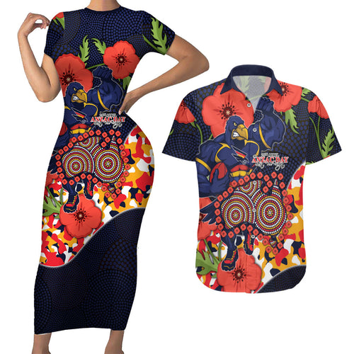 Adelaide Crows ANZAC Day Tribute Couples Matching Short Sleeve Bodycon Dress and Hawaiian Shirt Indigenous Dot Art Poppy Remembrance Football Warrior