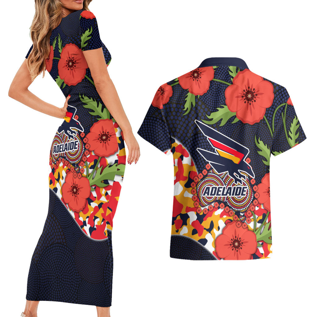 Adelaide Crows ANZAC Day Tribute Couples Matching Short Sleeve Bodycon Dress and Hawaiian Shirt Indigenous Dot Art Poppy Remembrance Football Warrior