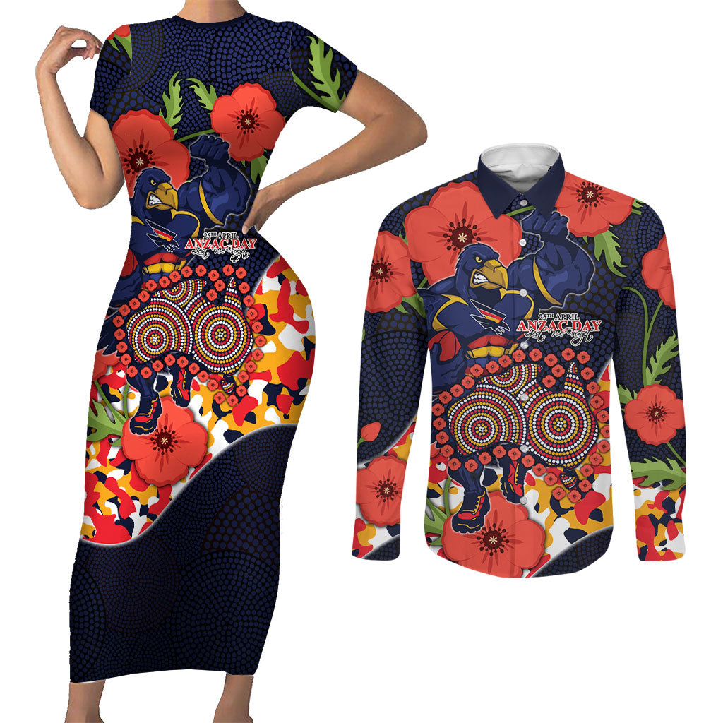 Adelaide Crows ANZAC Day Tribute Couples Matching Short Sleeve Bodycon Dress and Long Sleeve Button Shirt Indigenous Dot Art Poppy Remembrance Football Warrior