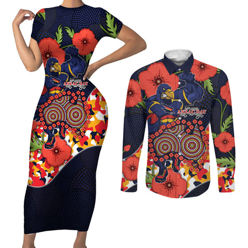 Adelaide Crows ANZAC Day Tribute Couples Matching Short Sleeve Bodycon Dress and Long Sleeve Button Shirt Indigenous Dot Art Poppy Remembrance Football Warrior