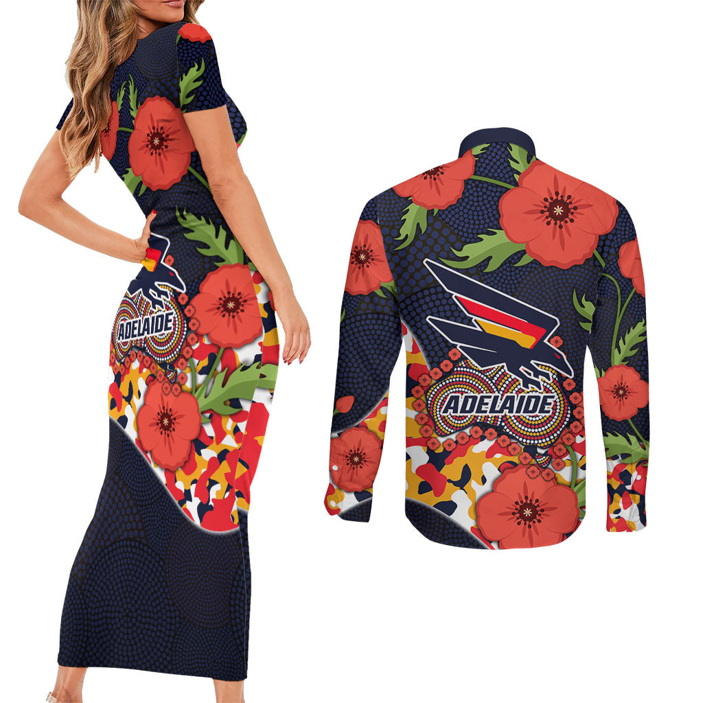 Adelaide Crows ANZAC Day Tribute Couples Matching Short Sleeve Bodycon Dress and Long Sleeve Button Shirt Indigenous Dot Art Poppy Remembrance Football Warrior