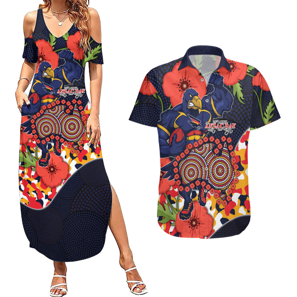 Adelaide Crows ANZAC Day Tribute Couples Matching Summer Maxi Dress and Hawaiian Shirt Indigenous Dot Art Poppy Remembrance Football Warrior