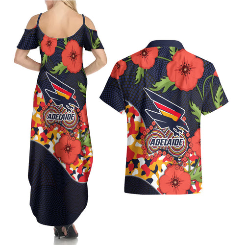 Adelaide Crows ANZAC Day Tribute Couples Matching Summer Maxi Dress and Hawaiian Shirt Indigenous Dot Art Poppy Remembrance Football Warrior
