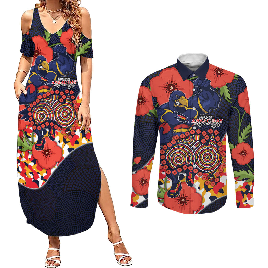 Adelaide Crows ANZAC Day Tribute Couples Matching Summer Maxi Dress and Long Sleeve Button Shirt Indigenous Dot Art Poppy Remembrance Football Warrior