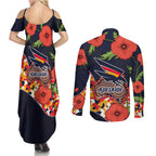 Adelaide Crows ANZAC Day Tribute Couples Matching Summer Maxi Dress and Long Sleeve Button Shirt Indigenous Dot Art Poppy Remembrance Football Warrior