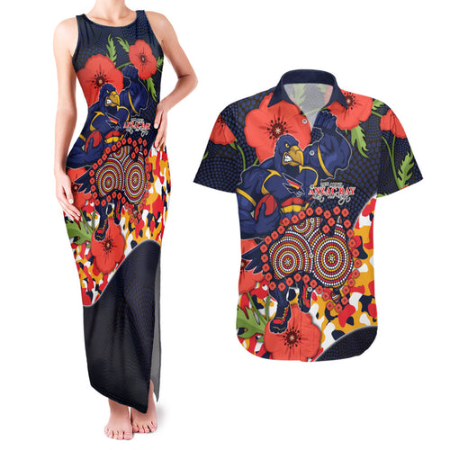 Adelaide Crows ANZAC Day Tribute Couples Matching Tank Maxi Dress and Hawaiian Shirt Indigenous Dot Art Poppy Remembrance Football Warrior