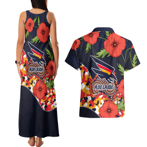 Adelaide Crows ANZAC Day Tribute Couples Matching Tank Maxi Dress and Hawaiian Shirt Indigenous Dot Art Poppy Remembrance Football Warrior