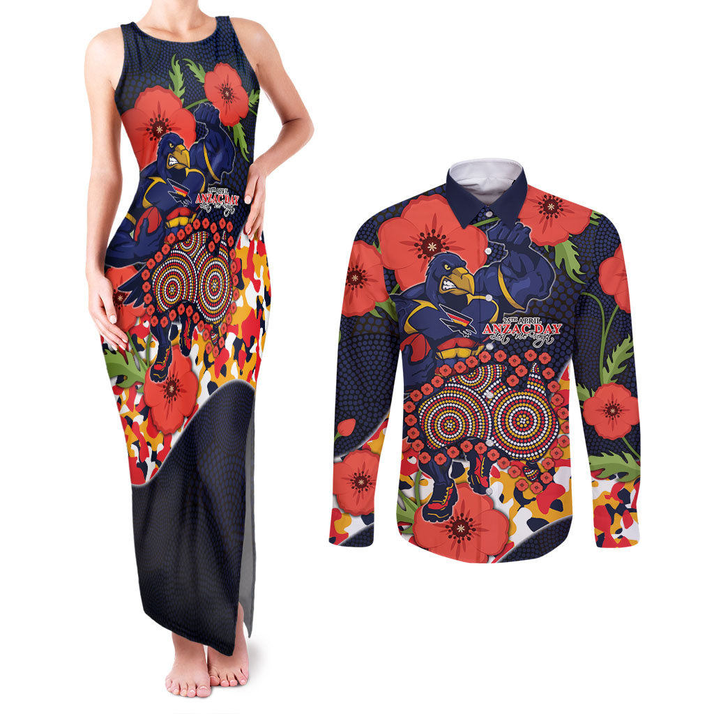 Adelaide Crows ANZAC Day Tribute Couples Matching Tank Maxi Dress and Long Sleeve Button Shirt Indigenous Dot Art Poppy Remembrance Football Warrior