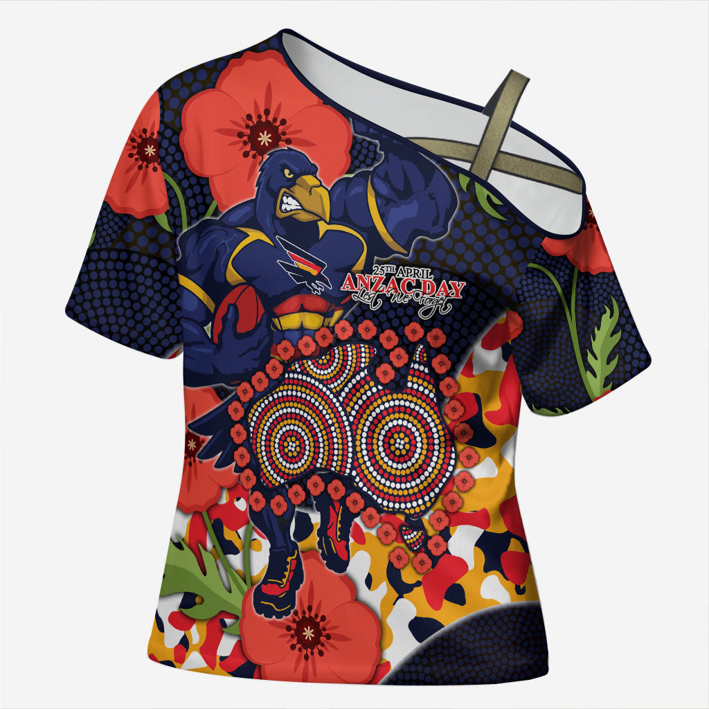 Adelaide Crows ANZAC Day Tribute Cross Shoulder Shirt Indigenous Dot Art Poppy Remembrance Football Warrior