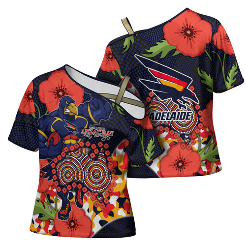 Adelaide Crows ANZAC Day Tribute Cross Shoulder Shirt Indigenous Dot Art Poppy Remembrance Football Warrior