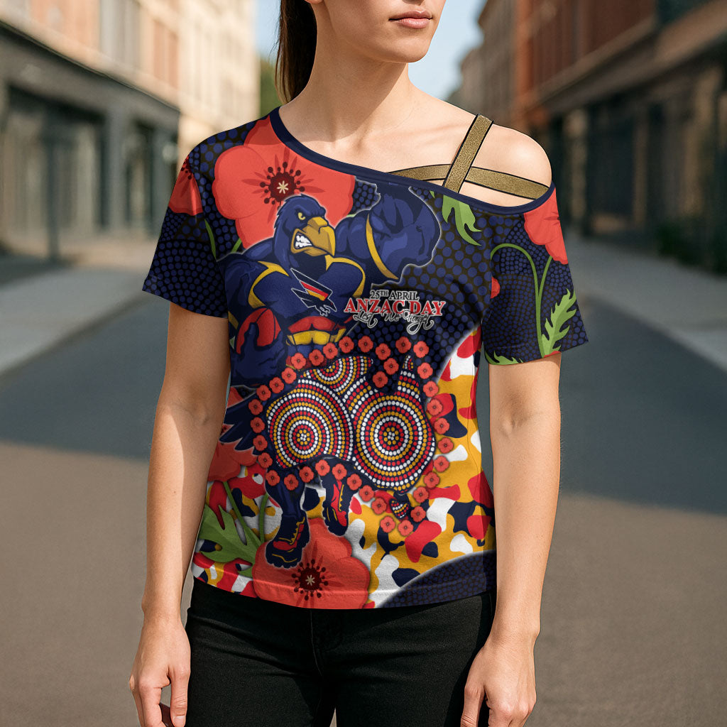 Adelaide Crows ANZAC Day Tribute Cross Shoulder Shirt Indigenous Dot Art Poppy Remembrance Football Warrior