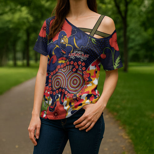 Adelaide Crows ANZAC Day Tribute Cross Shoulder Shirt Indigenous Dot Art Poppy Remembrance Football Warrior