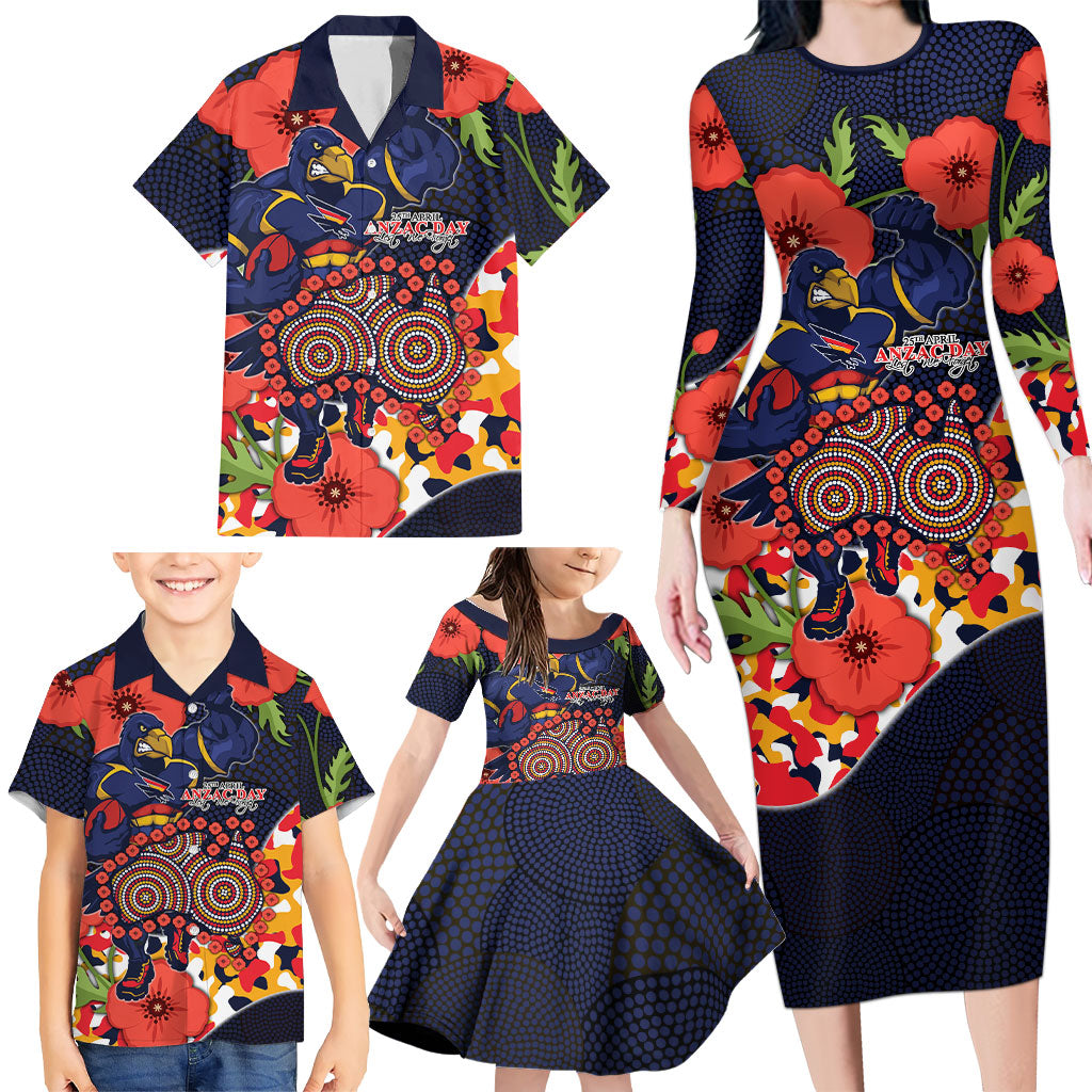 Adelaide Crows ANZAC Day Tribute Family Matching Long Sleeve Bodycon Dress and Hawaiian Shirt Indigenous Dot Art Poppy Remembrance Football Warrior