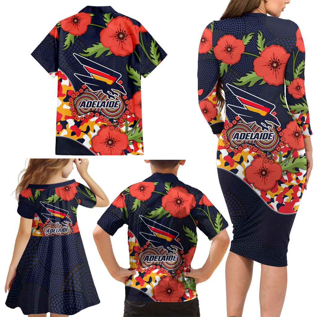 Adelaide Crows ANZAC Day Tribute Family Matching Long Sleeve Bodycon Dress and Hawaiian Shirt Indigenous Dot Art Poppy Remembrance Football Warrior