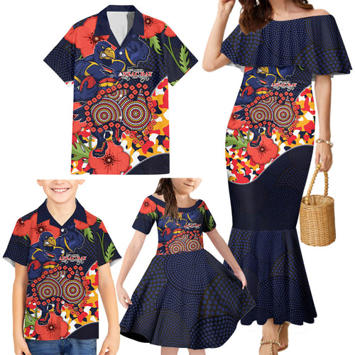 Adelaide Crows ANZAC Day Tribute Family Matching Mermaid Dress and Hawaiian Shirt Indigenous Dot Art Poppy Remembrance Football Warrior