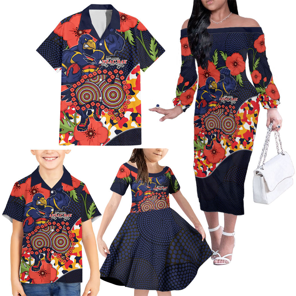 Adelaide Crows ANZAC Day Tribute Family Matching Off The Shoulder Long Sleeve Dress and Hawaiian Shirt Indigenous Dot Art Poppy Remembrance Football Warrior