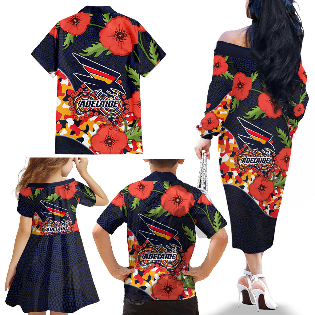 Adelaide Crows ANZAC Day Tribute Family Matching Off The Shoulder Long Sleeve Dress and Hawaiian Shirt Indigenous Dot Art Poppy Remembrance Football Warrior