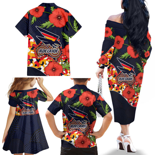 Adelaide Crows ANZAC Day Tribute Family Matching Off The Shoulder Long Sleeve Dress and Hawaiian Shirt Indigenous Dot Art Poppy Remembrance Football Warrior