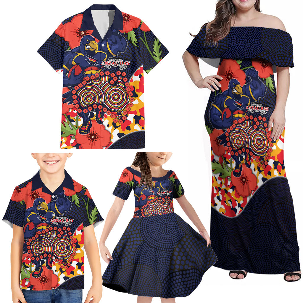 Adelaide Crows ANZAC Day Tribute Family Matching Off Shoulder Maxi Dress and Hawaiian Shirt Indigenous Dot Art Poppy Remembrance Football Warrior