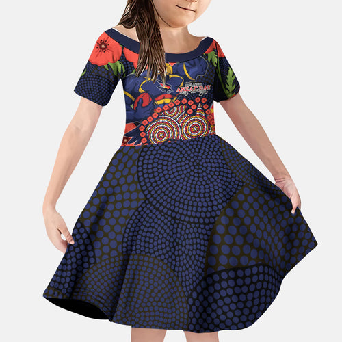 Adelaide Crows ANZAC Day Tribute Family Matching Off Shoulder Maxi Dress and Hawaiian Shirt Indigenous Dot Art Poppy Remembrance Football Warrior