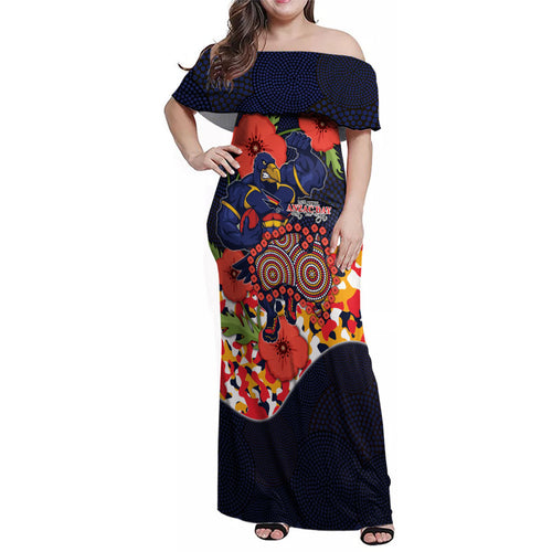 Adelaide Crows ANZAC Day Tribute Family Matching Off Shoulder Maxi Dress and Hawaiian Shirt Indigenous Dot Art Poppy Remembrance Football Warrior