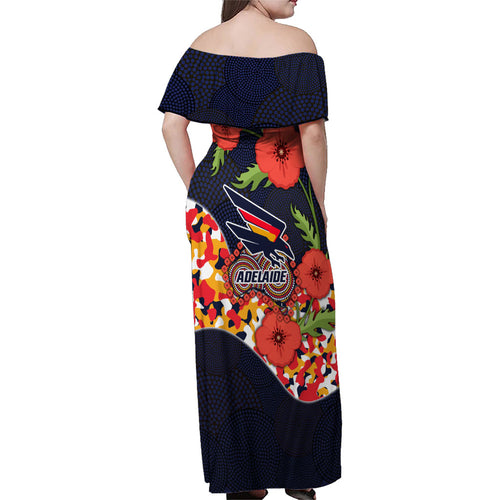 Adelaide Crows ANZAC Day Tribute Family Matching Off Shoulder Maxi Dress and Hawaiian Shirt Indigenous Dot Art Poppy Remembrance Football Warrior