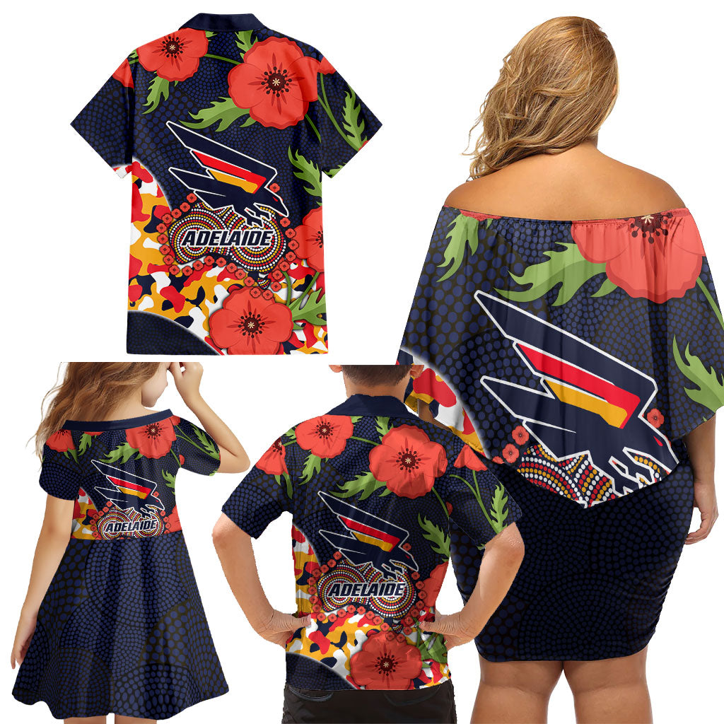Adelaide Crows ANZAC Day Tribute Family Matching Off Shoulder Short Dress and Hawaiian Shirt Indigenous Dot Art Poppy Remembrance Football Warrior