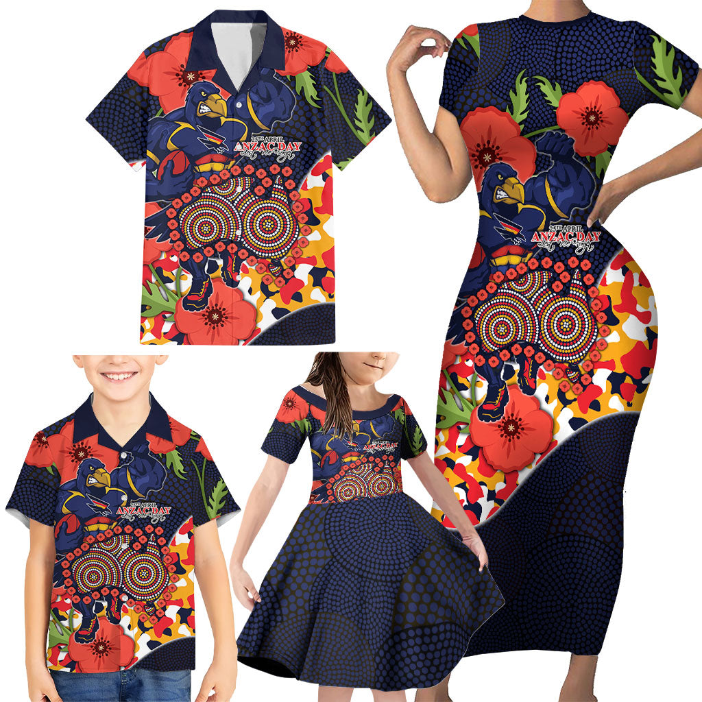 Adelaide Crows ANZAC Day Tribute Family Matching Short Sleeve Bodycon Dress and Hawaiian Shirt Indigenous Dot Art Poppy Remembrance Football Warrior