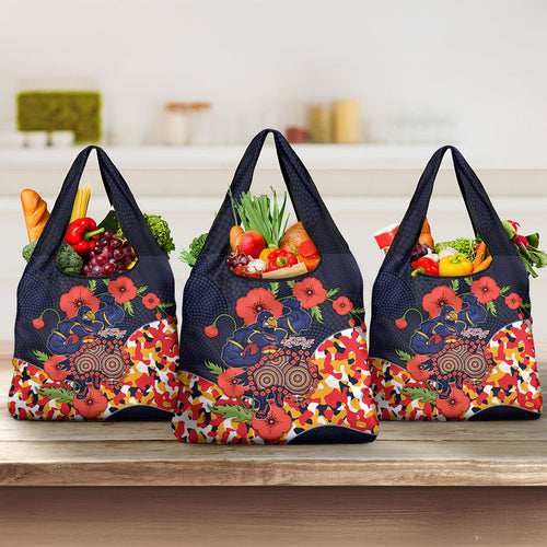 Adelaide Crows ANZAC Day Tribute Grocery Bag Indigenous Dot Art Poppy Remembrance Football Warrior