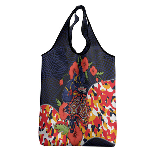 Adelaide Crows ANZAC Day Tribute Grocery Bag Indigenous Dot Art Poppy Remembrance Football Warrior