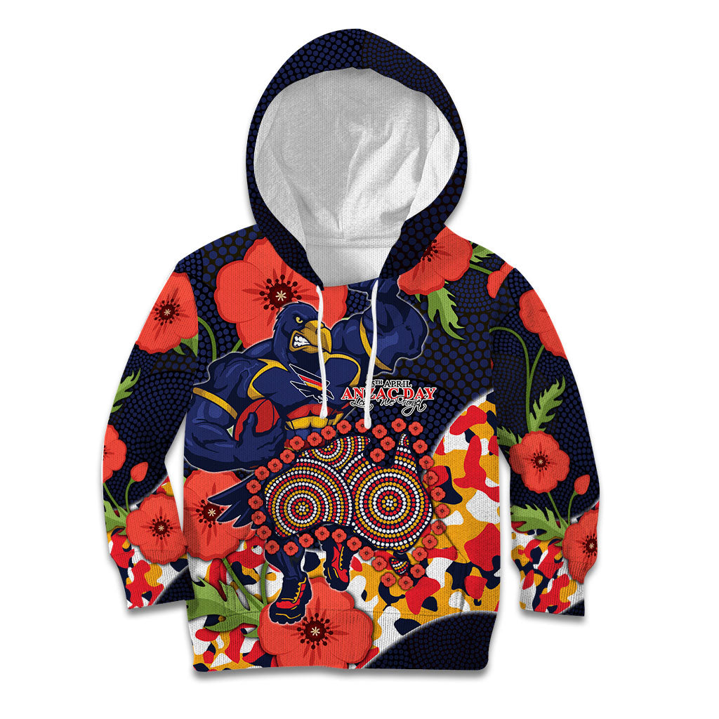 Adelaide Crows ANZAC Day Tribute Kid Hoodie Indigenous Dot Art Poppy Remembrance Football Warrior