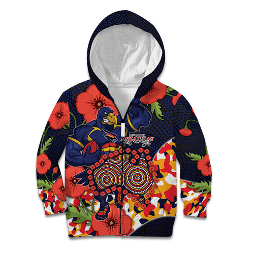 Adelaide Crows ANZAC Day Tribute Kid Hoodie Indigenous Dot Art Poppy Remembrance Football Warrior