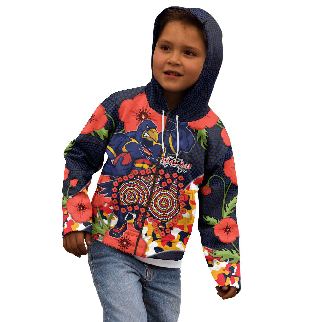 Adelaide Crows ANZAC Day Tribute Kid Hoodie Indigenous Dot Art Poppy Remembrance Football Warrior