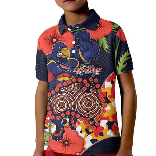 Adelaide Crows ANZAC Day Tribute Kid Polo Shirt Indigenous Dot Art Poppy Remembrance Football Warrior
