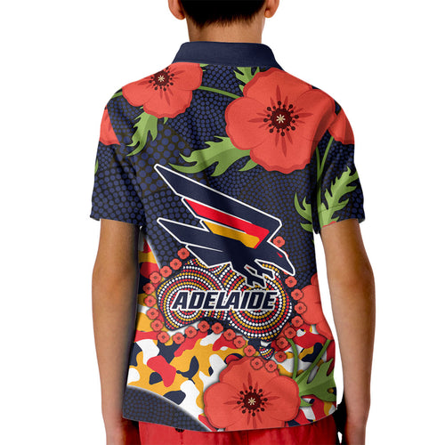 Adelaide Crows ANZAC Day Tribute Kid Polo Shirt Indigenous Dot Art Poppy Remembrance Football Warrior